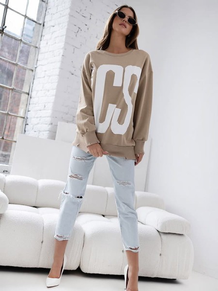 długa bluza oversize beżowa z nadrukiem