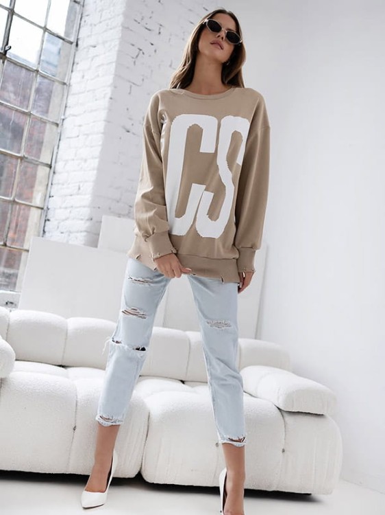 długa bluza oversize beżowa z nadrukiem