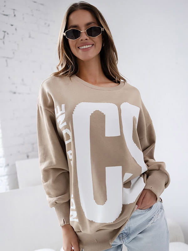 długa bluza oversize beżowa z nadrukiem