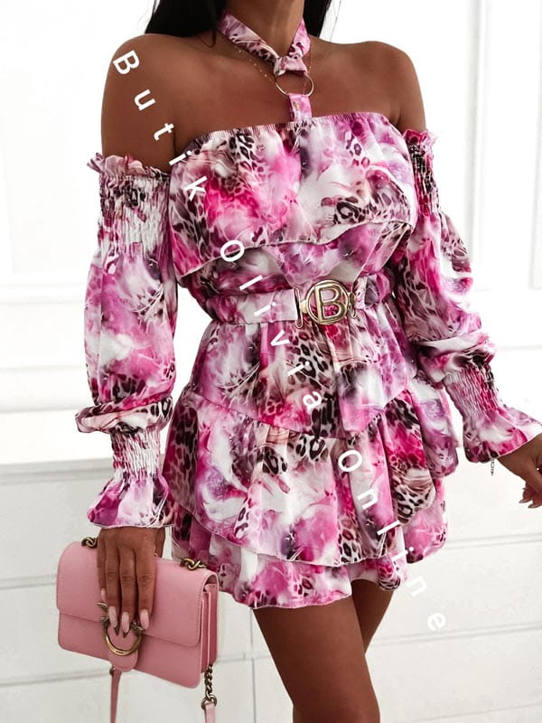 letni krótki kombinezon hiszpanka z paskiem w stylu boho w różowy print panterki