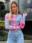Bluzka dopasowana w kwiaty EVERLINE - jeansowa