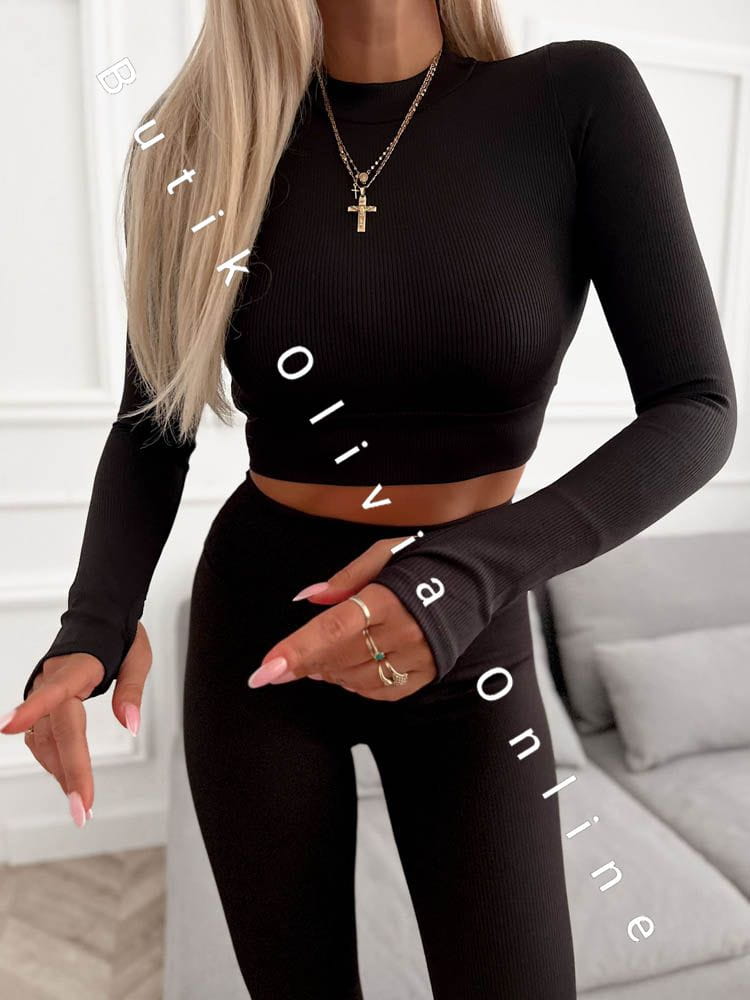 komplet prążkowany bluzka legginsy czarny