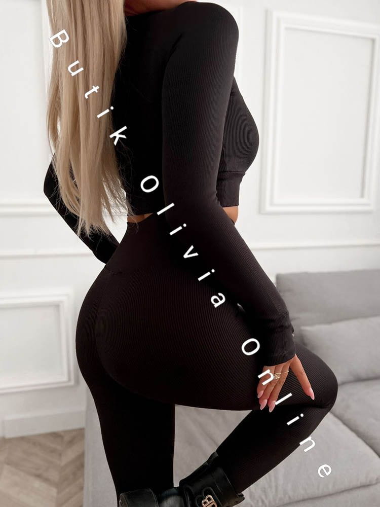 komplet prążkowany bluzka legginsy czarny