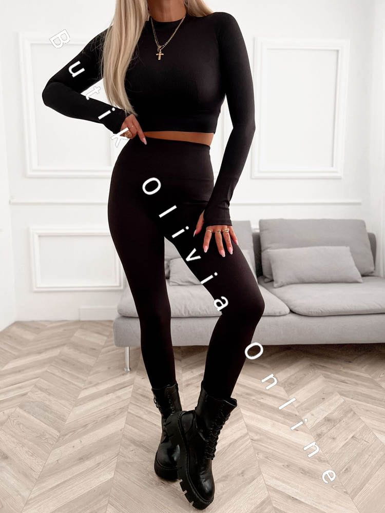 komplet prążkowany bluzka legginsy czarny