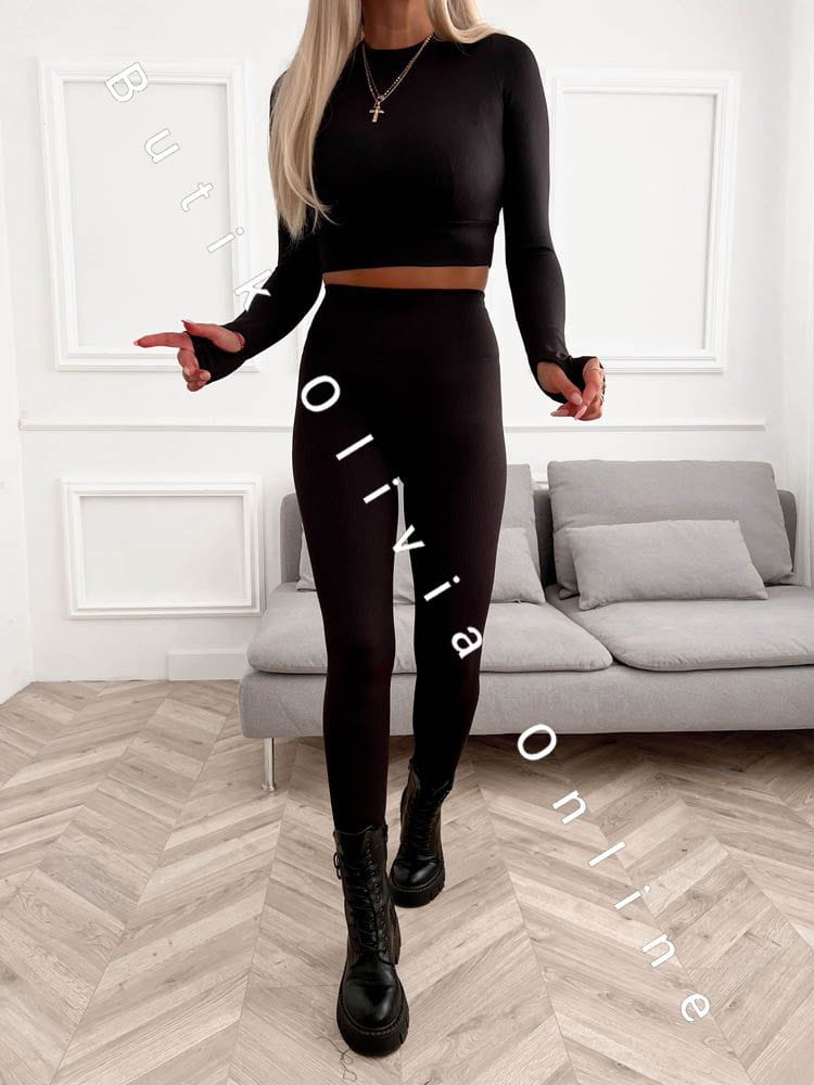 komplet prążkowany bluzka legginsy czarny