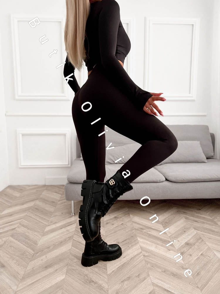 komplet prążkowany bluzka legginsy czarny