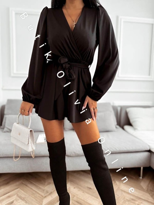 czarny krótki damskie kombinezon z dekoltem V i długim rękawem