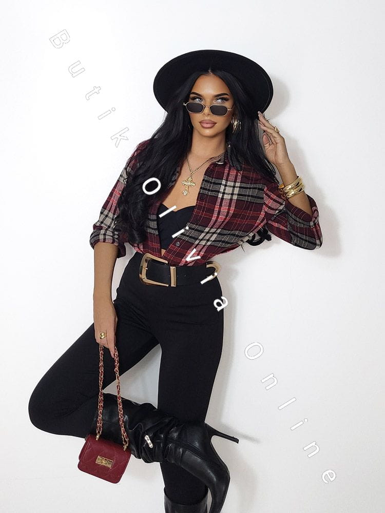 damska flanelowa koszula w kratę bordowo czarną