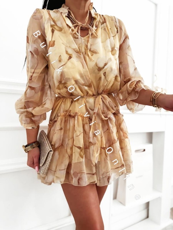 sukienka szyfonowa w kwiaty z falbankami żółto-beżowa