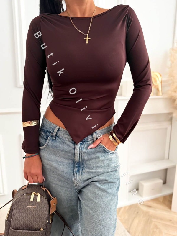 Czekoladowa bluzka z długim rękawem o asymetrycznym kroju w serek na dole