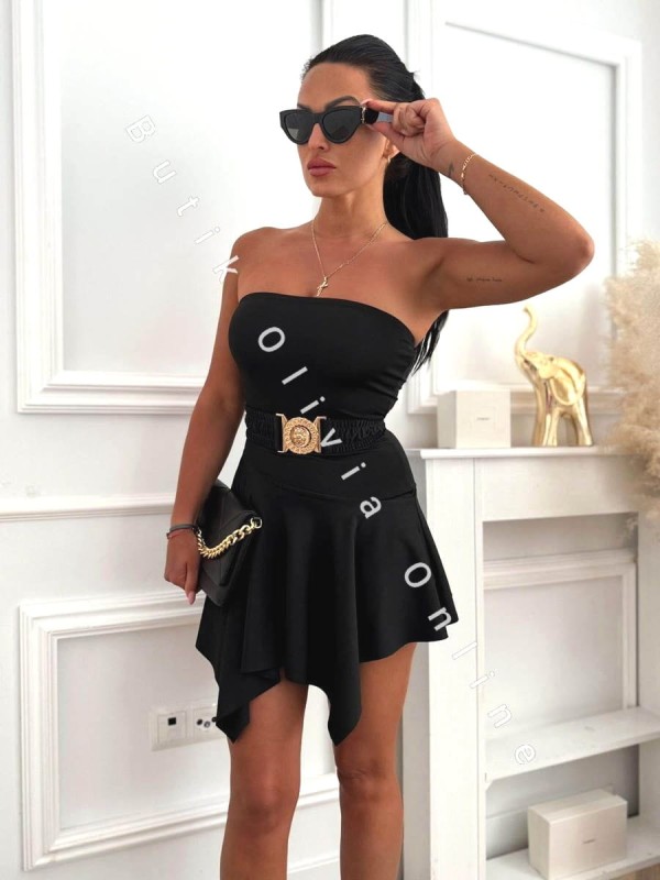 Czarna sukienka bez ramiączek z asymetrycznym dołem na lato