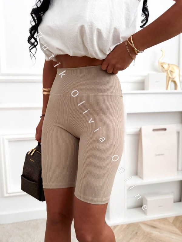 Beżowe prążkowane kolarki z wysokim stanem i szerokim pasem modelującym Butik Olivia