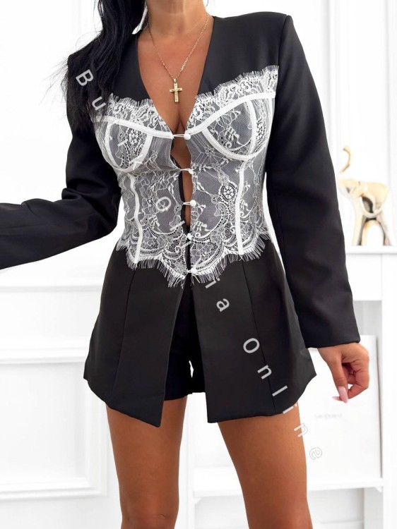 elegancki czarny damski komplet na wesele lu komunię  długa marynarka z białą koronką i szorty