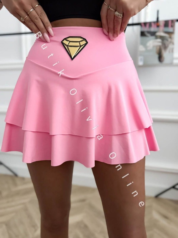 różowe spódnico-spodenki z wysokim stanem falbankami rozkloszowane