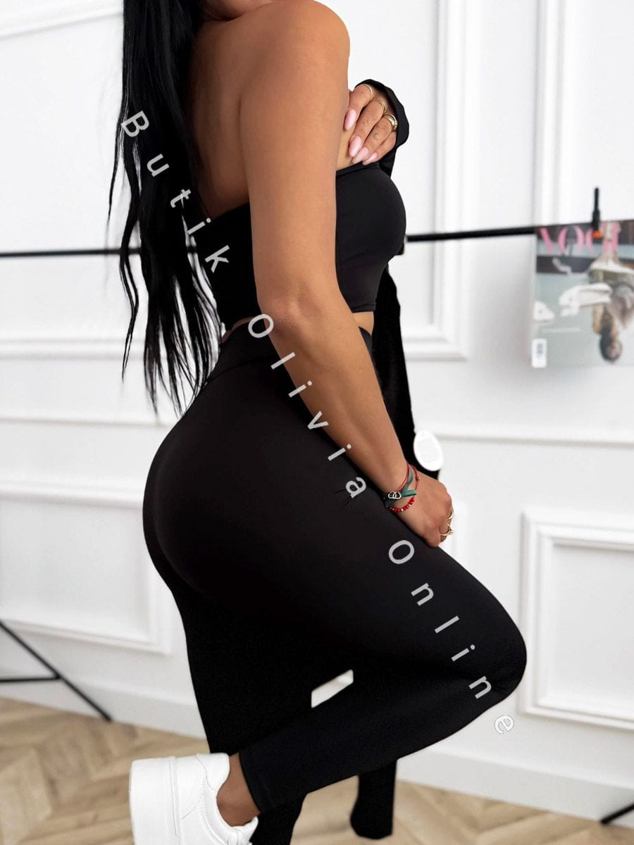 3-częściowy komplet damski czarny – bluza na zamek, opaska na biust i legginsy z wysokim stanem, sportowy look