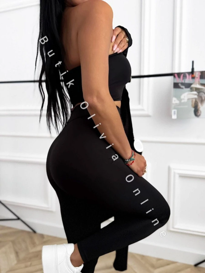 3-częściowy komplet damski czarny – bluza na zamek, opaska na biust i legginsy z wysokim stanem, sportowy look
