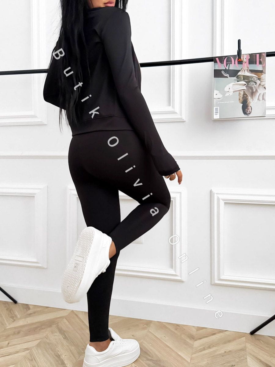 3-częściowy komplet damski czarny – bluza na zamek, opaska na biust i legginsy z wysokim stanem, sportowy look