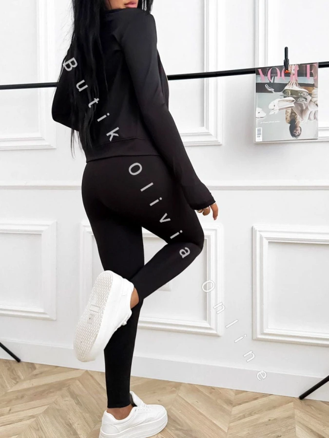 3-częściowy komplet damski czarny – bluza na zamek, opaska na biust i legginsy z wysokim stanem, sportowy look