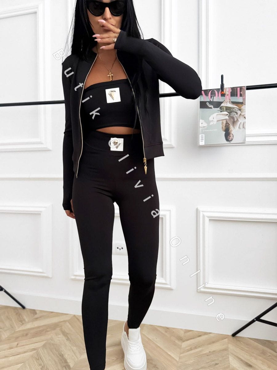3-częściowy komplet damski czarny – bluza na zamek, opaska na biust i legginsy z wysokim stanem, sportowy look
