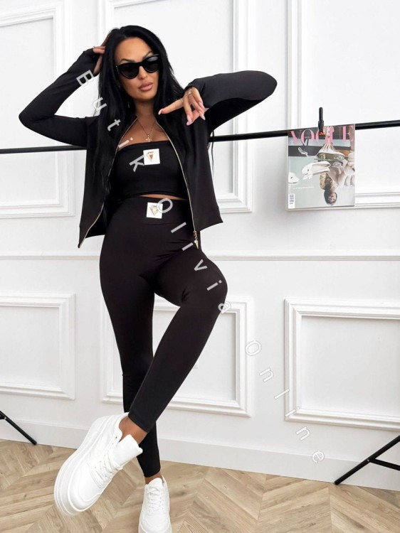 3-częściowy komplet damski czarny – bluza na zamek, opaska na biust i legginsy z wysokim stanem, sportowy look