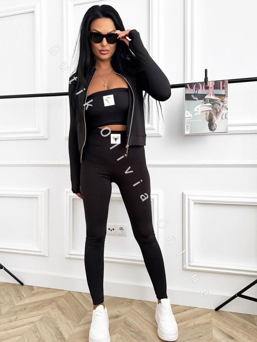 3-częściowy komplet damski czarny – bluza na zamek, opaska na biust i legginsy z wysokim stanem, sportowy look