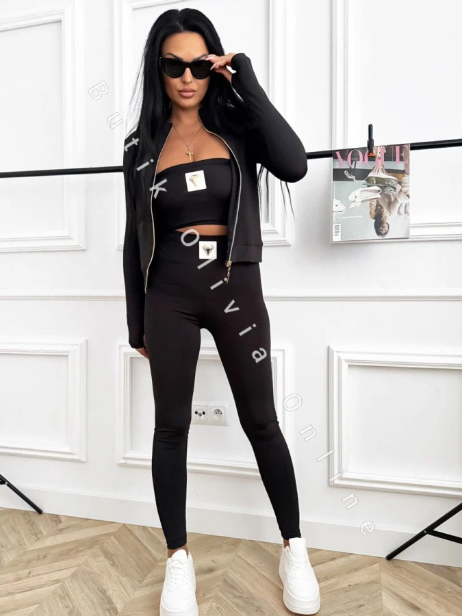 3-częściowy komplet damski czarny – bluza na zamek, opaska na biust i legginsy z wysokim stanem, sportowy look
