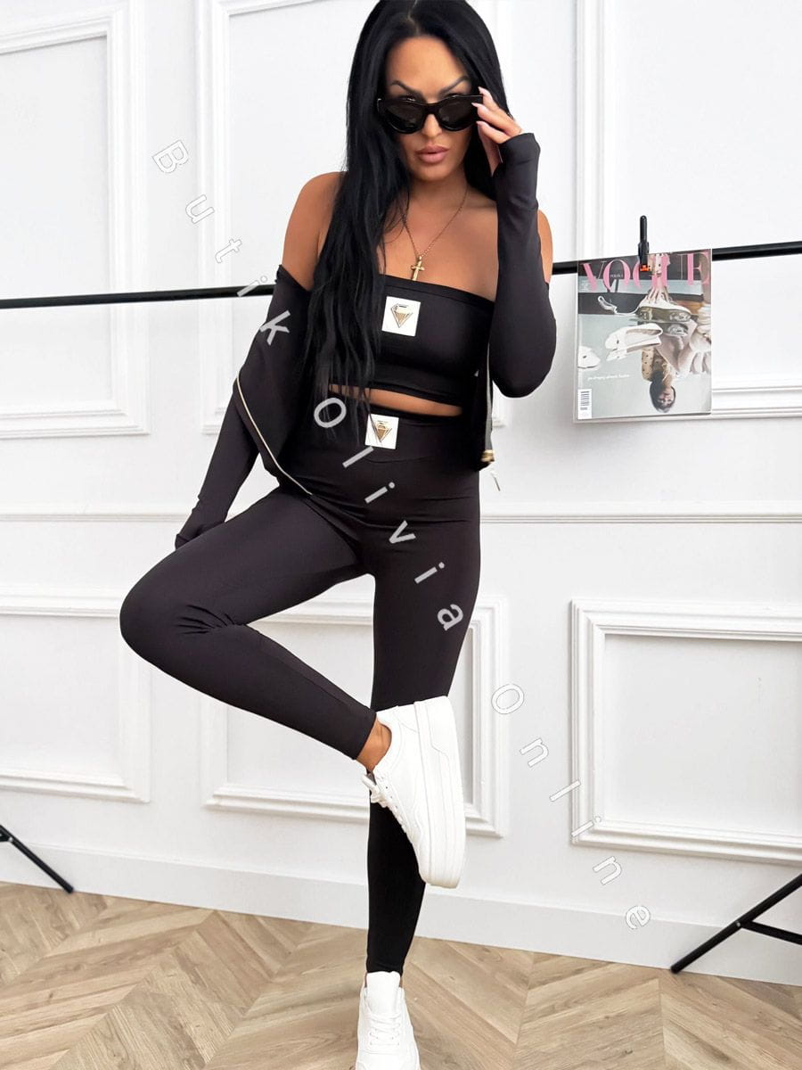 3-częściowy komplet damski czarny – bluza na zamek, opaska na biust i legginsy z wysokim stanem, sportowy look
