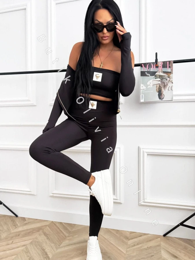 3-częściowy komplet damski czarny – bluza na zamek, opaska na biust i legginsy z wysokim stanem, sportowy look