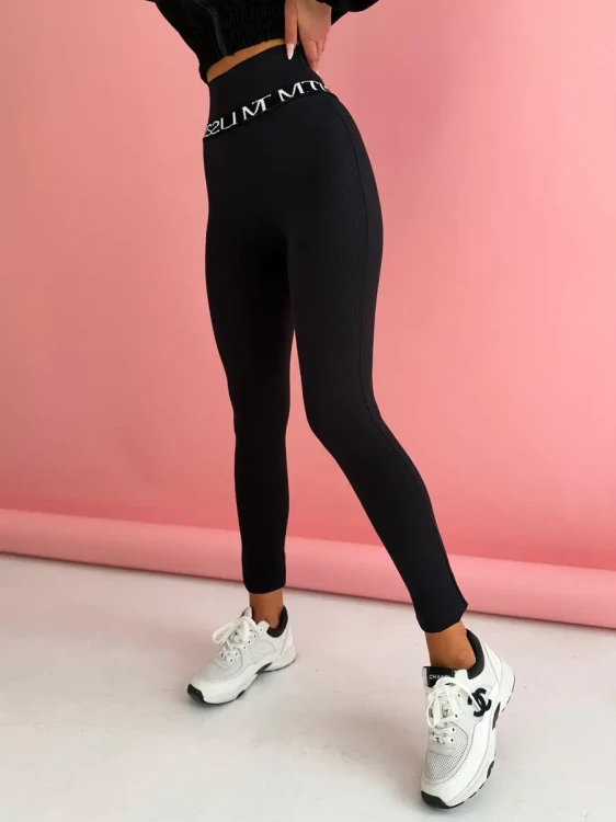 czarne legginsy prążkowane z wysokim stanem logowane m.tissu
