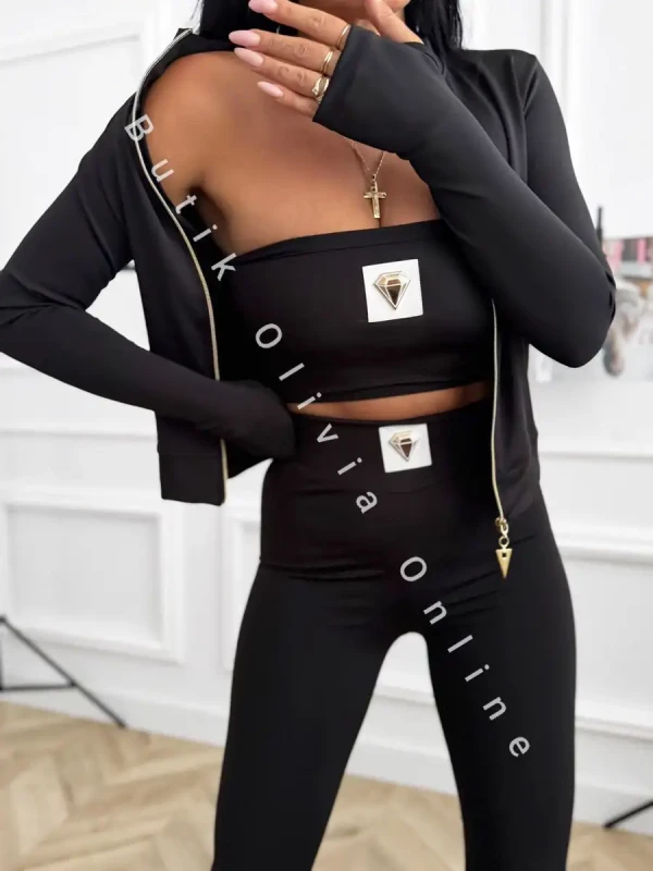 3-częściowy komplet damski czarny – bluza na zamek, opaska na biust i legginsy z wysokim stanem, sportowy look