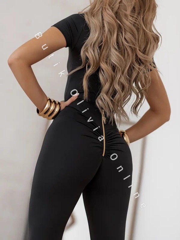 Czarne legginsy push up z wysokim stanem, z marszczeniem scrunch i złotym zamkiem na pupie