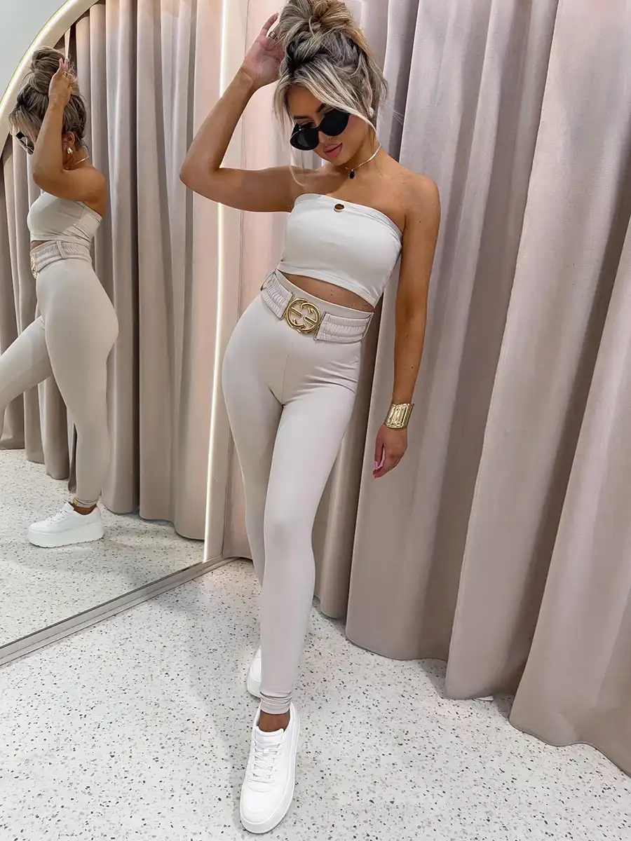 beżowe legginsy z paskiem z modelującego prążka byonce od la monne