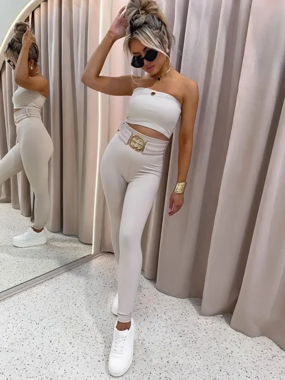 beżowe legginsy z paskiem z modelującego prążka byonce od la monne