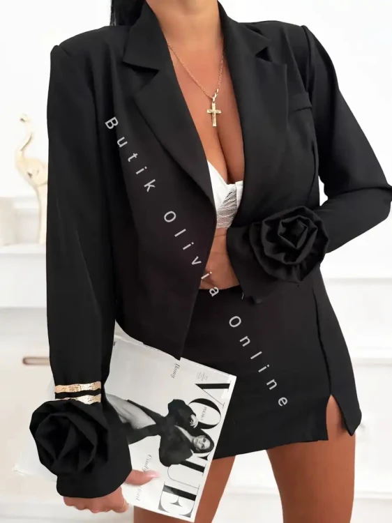 czarny elegancki komplet damski marynarka i spódnico-spodenki