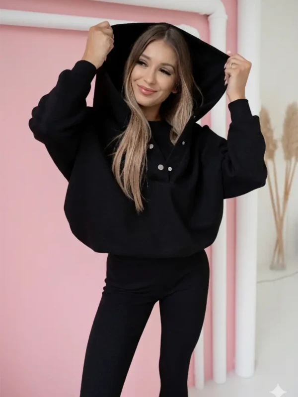 czarny komplet damski 3-częściowy bluza oversize prążkowane legginsy i top na ramiączkach na co dzień