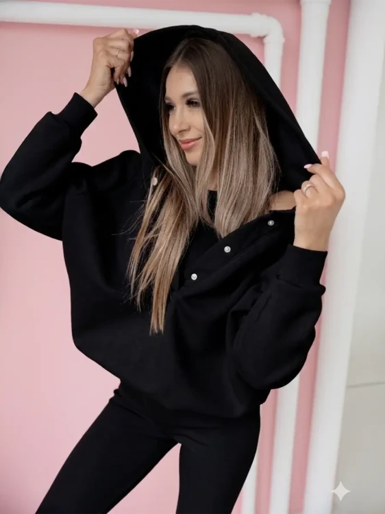 czarny komplet damski 3-częściowy bluza oversize prążkowane legginsy i top na ramiączkach na co dzień