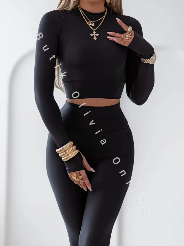 czarny damski komplet modelujący bluzka z długim rękawem na palec i legginsy z wysokim stanem i szerokim pasem