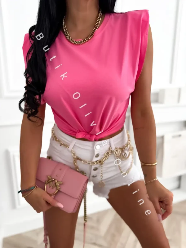 damski t-shirt z poduszkami na ramionach bez rękawów w różowy kolorze