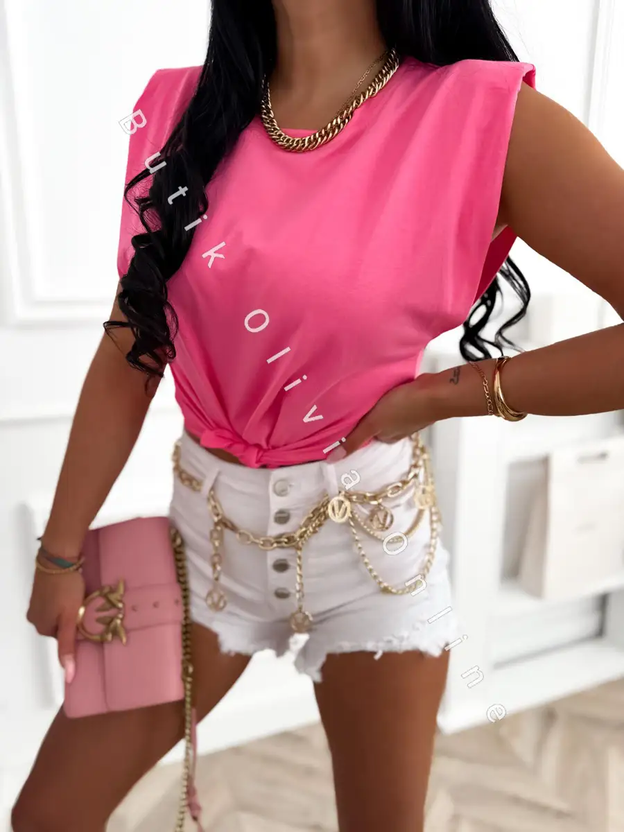 damski t-shirt z poduszkami na ramionach bez rękawów w różowy kolorze