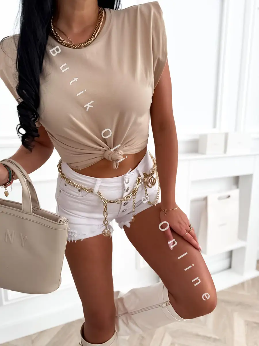 damski t-shirt z poduszkami na ramionach bez rękawów w beżowy kolorze