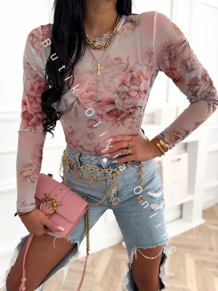 transparentne niebieskie body siatka w kwiatowy print