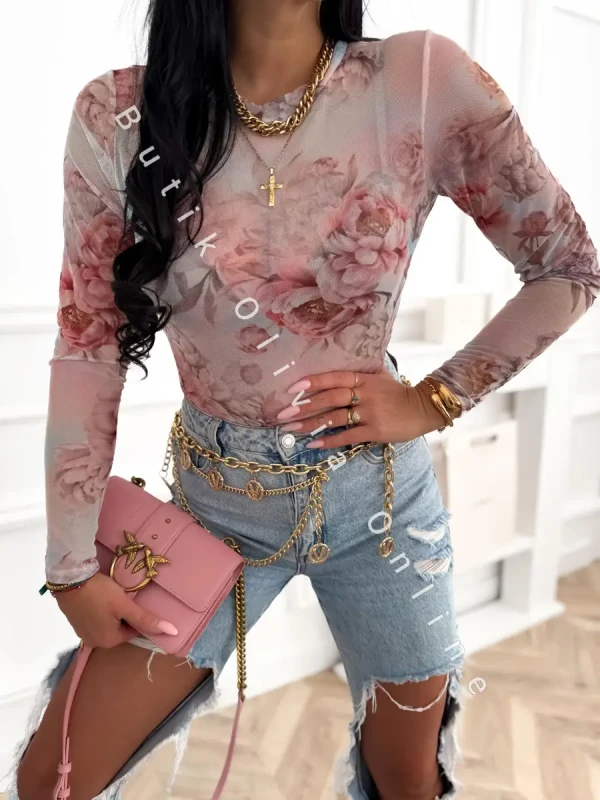 transparentne niebieskie body siatka w kwiatowy print