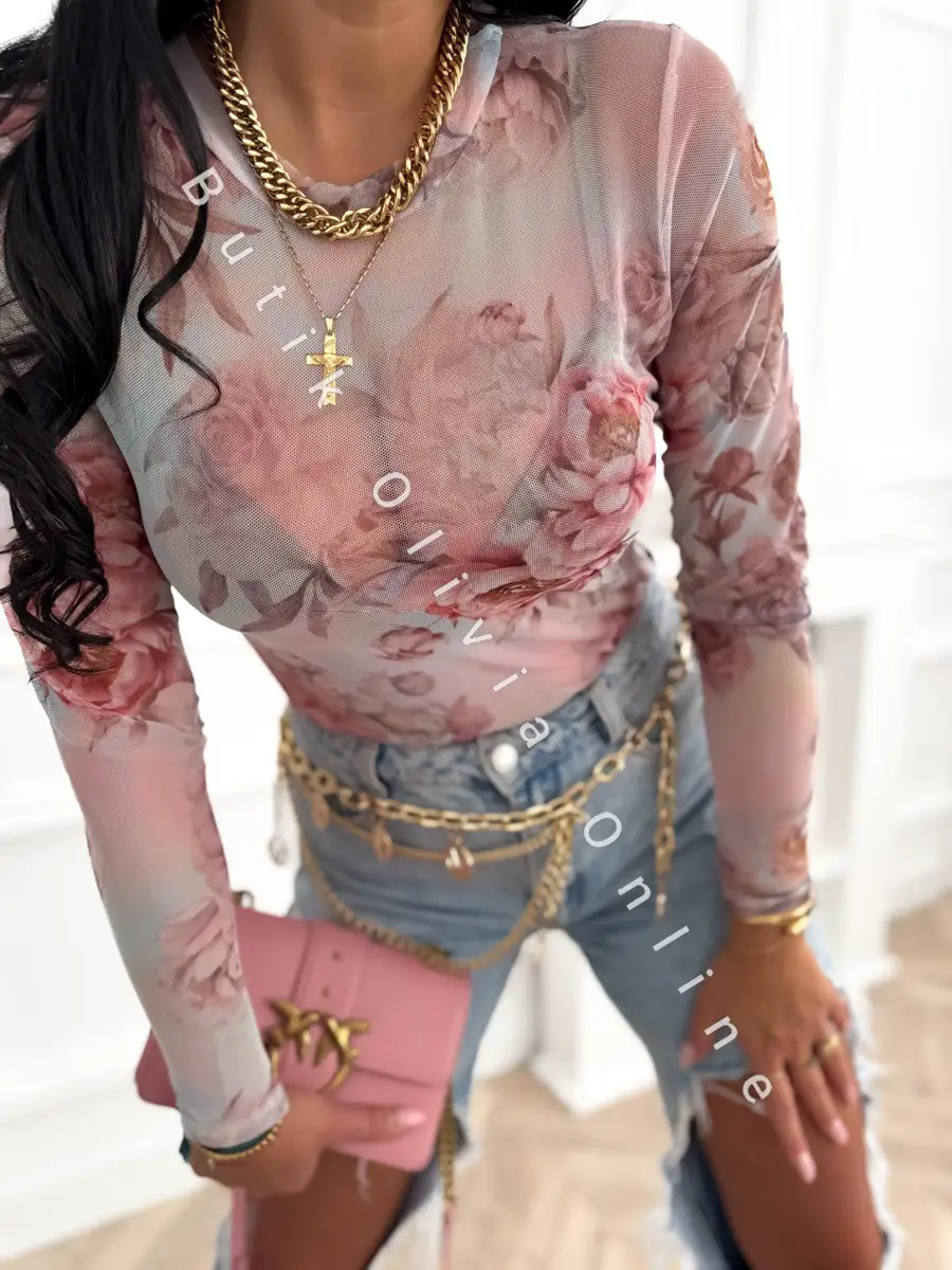 transparentne niebieskie body siatka w kwiatowy print