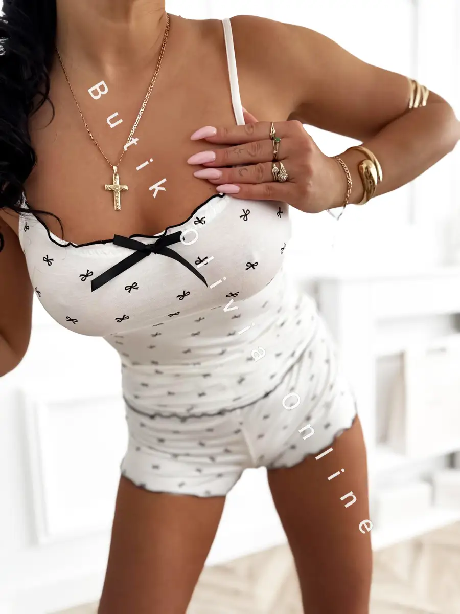 śmietankowa piżama w kokardki top na ramiączkach i spodenki