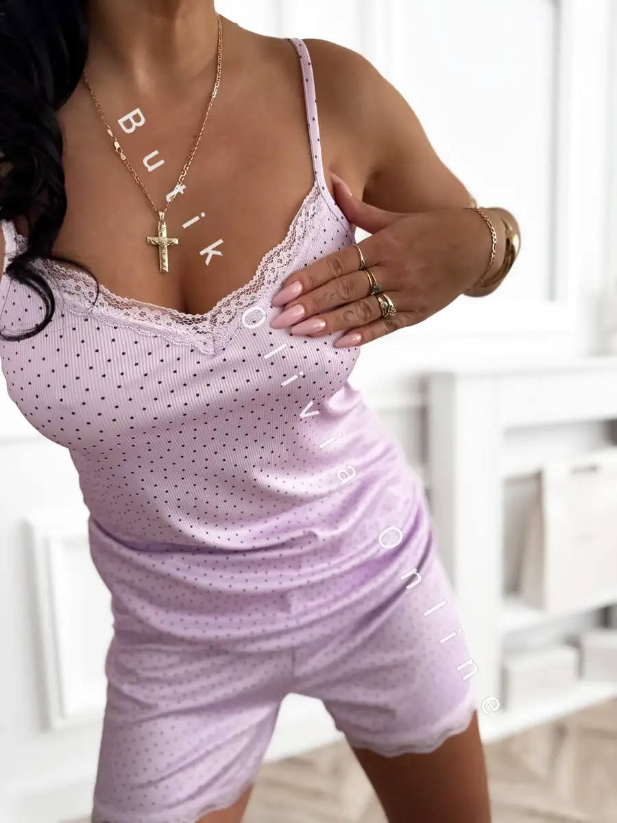 damska piżama bawełniana w kropki top na regulowanych ramiączkach i spodenki lila