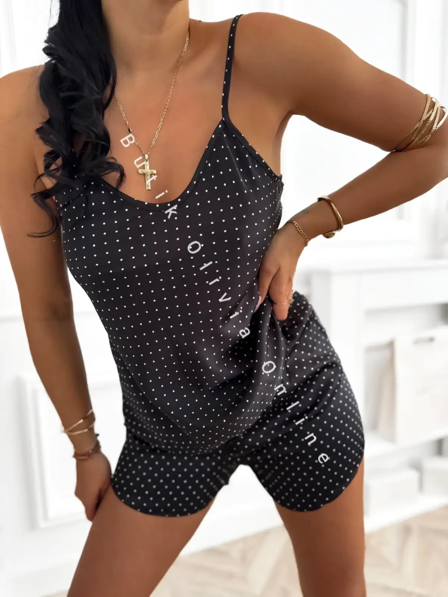 czarna damska piżama satynowa w kropki top na ramiączkach i spodenki