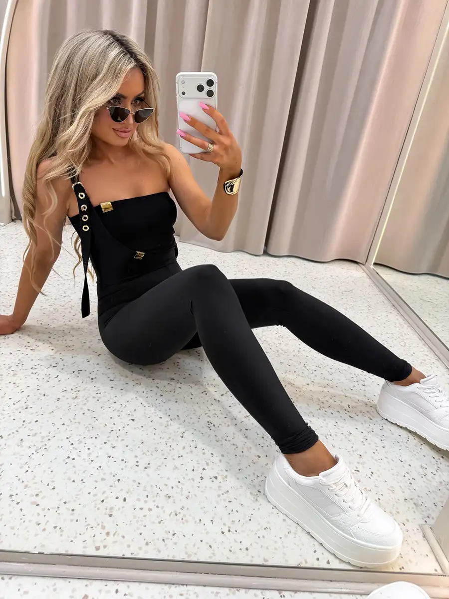 legginsy prążkowane z szelkami czarne