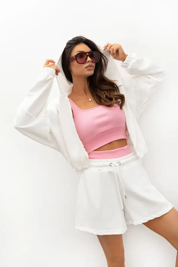 śmietankowy komplet 3-częściowy bluza z kapturem na zamek top na ramiączkach i luźne spodenki