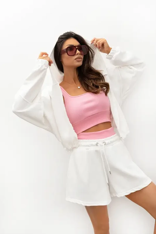 śmietankowy komplet 3-częściowy bluza z kapturem na zamek top na ramiączkach i luźne spodenki