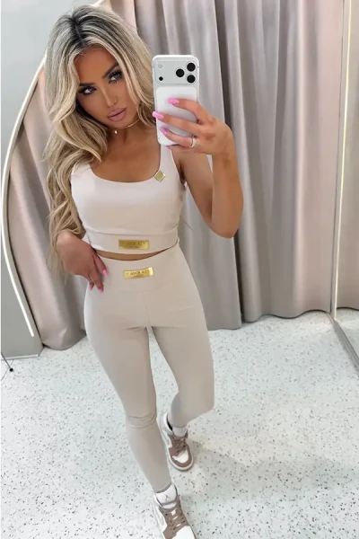legginsy modelujące prążkowane beżowe z wysokim stanem